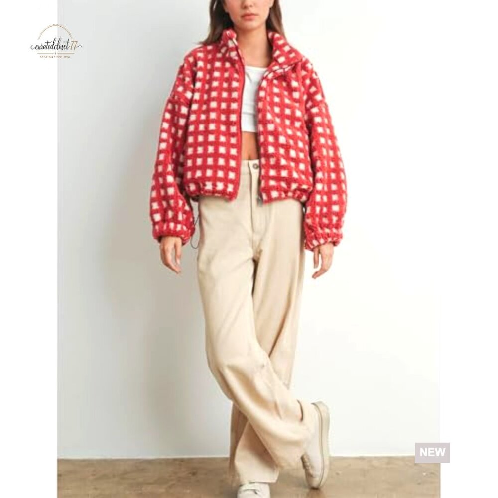 Cropped Sherpa Jacket Plaid Fleece Zip Up Casual Long Sleeve with Pockets - Picture 6 of 7